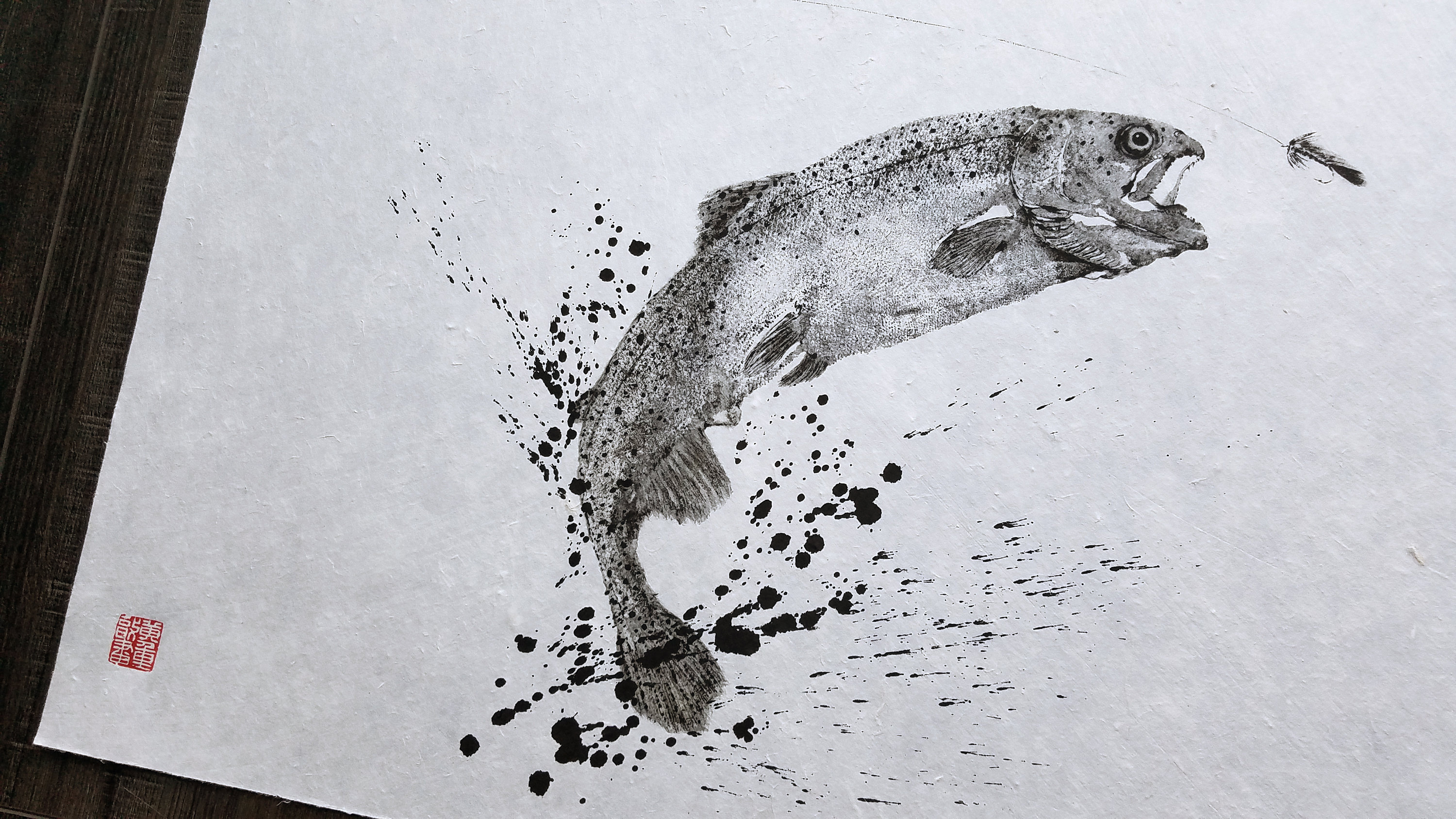 Trout & Fly - Fly Fishing - GYOTAKU Print - Traditional Japanese