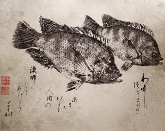 BIBLE VERSE &quot;I Will Make You Fishers of Men&quot; Gyotaku / Calligraphy Christian print - traditional Japanese fish art by Dwight Hwang