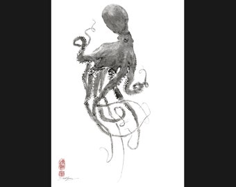 May include: Black and white ink drawing of an octopus with its tentacles curled around itself. The octopus is depicted in a dynamic pose, with its arms reaching out in different directions. The drawing is done in a minimalist style, with only the essential details of the octopus being shown.