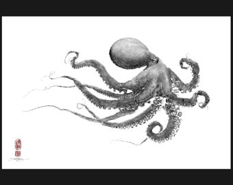 Pulpo Gyotaku mirando hacia la derecha - Reproducción de una impresión de gyotaku - Arte tradicional de peces de Dwight Hwang
