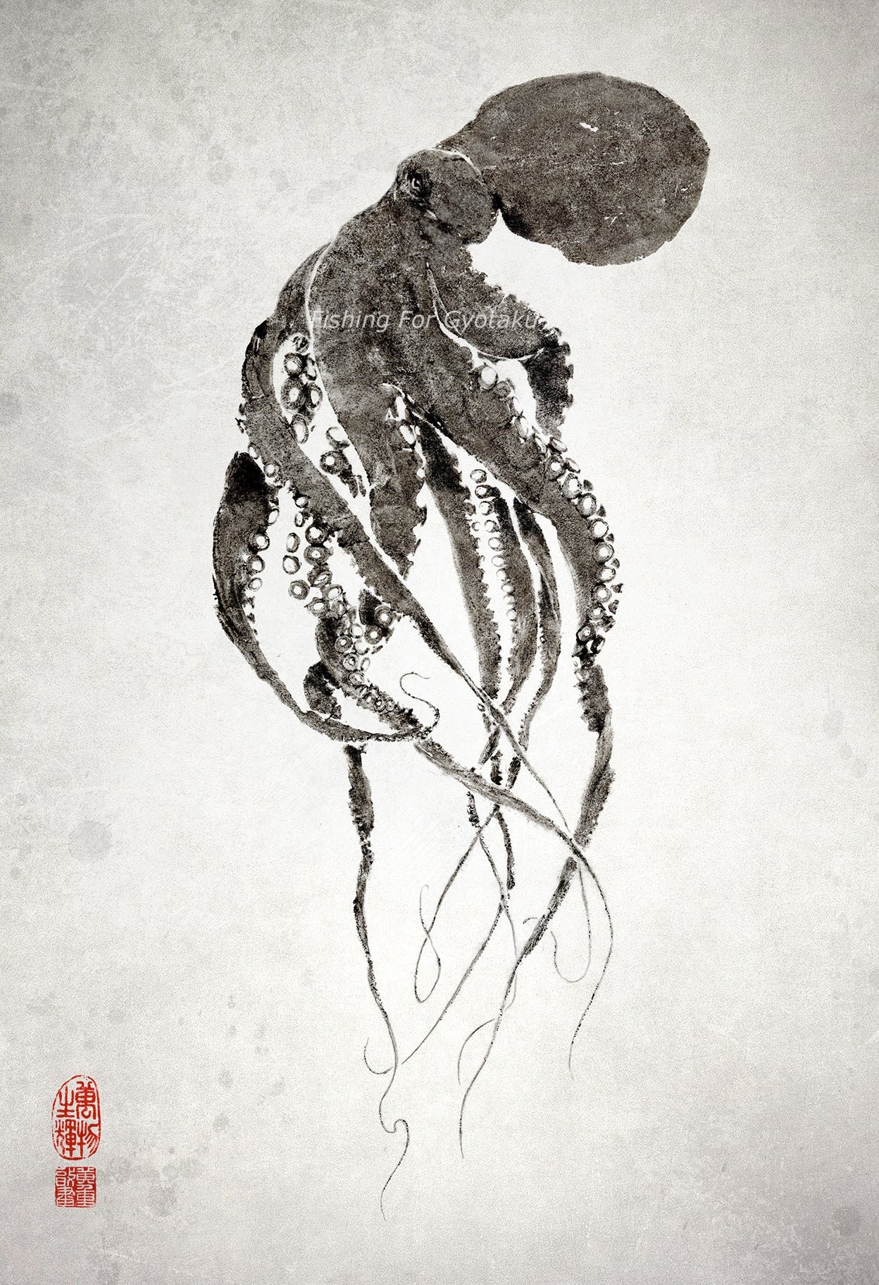 Pulpo de Flamenco Octopus gyotaku print - traditional Japanese fish art by Dwight Hwang