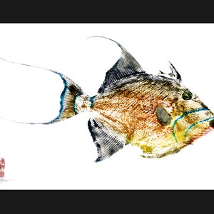 May include: A watercolor painting of a fish with a textured, multi-colored body. The fish has a prominent dorsal fin and a long, flowing tail. The artwork includes a red seal and artist's signature in the lower left corner.
