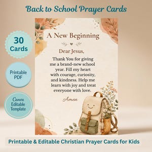 Back to School Printable, Christian Prayer Cards for Kids, Lunch Box Notes, Printable Prayer Cards PDF, Canva Editable