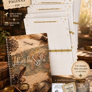Puede incluir: Un libro encuadernado en espiral titulado "Libro de los Siglos" con un diseño de mapa vintage. La imagen incluye una pila de páginas con detalles dorados, una brújula y una pluma. El libro tiene 135 páginas y cubre la historia desde el origen del cosmos hasta 2044.