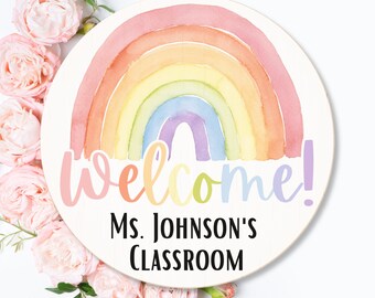 Personalized Teacher Door Hanger Classroom Welcome Sign, Rainbow Birch Wood Sign, Custom End of Year Gift Teacher Appreciation Week Gift