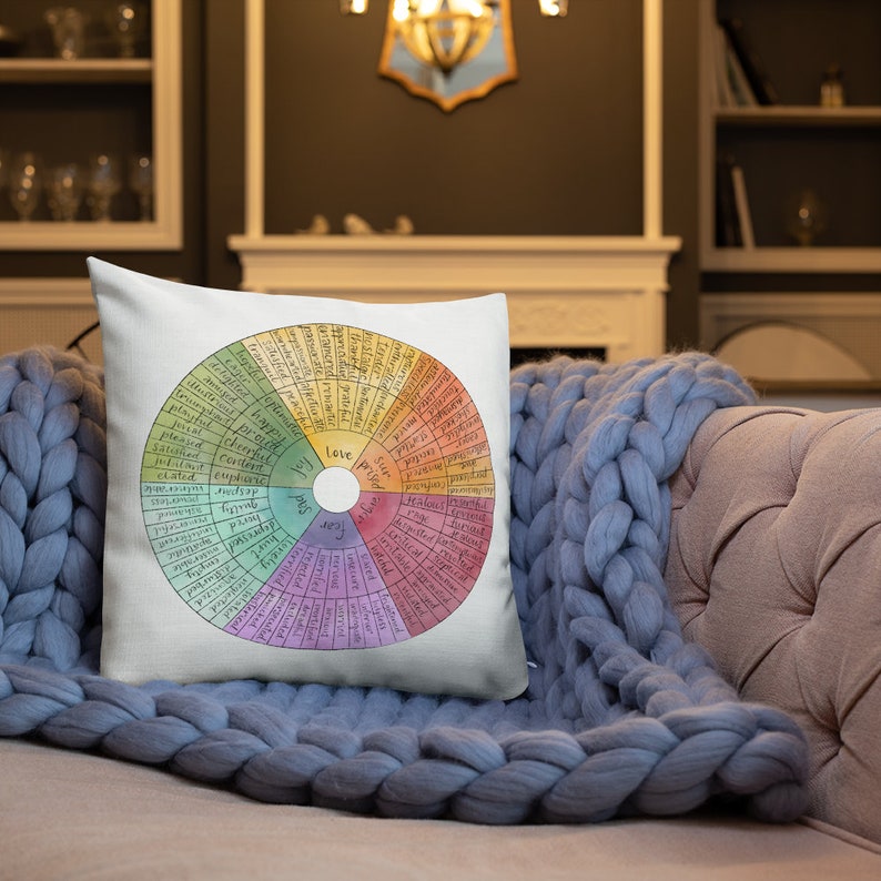 Feelings Wheel Premium Pillow Social Worker Gift Counselor Office Decor Mental Health Art Therapy Office Decor Emotions Wheel Feelings Chart 18×18