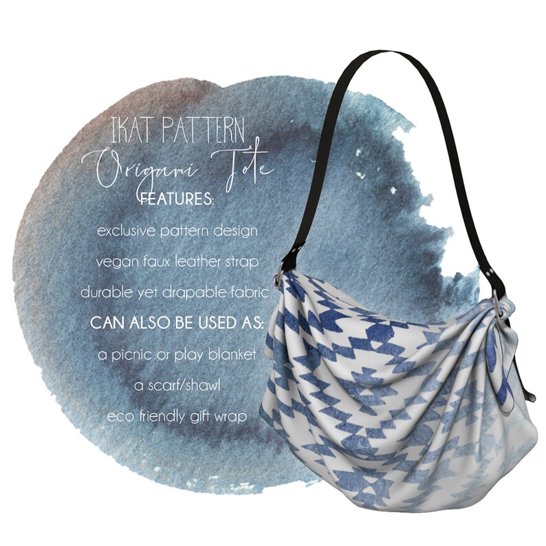 Womens Shoulder Bag Handbag Origami Tote Bag With Distressed Ikat Pattern In Indigo Blue Use As Scarf Picnic Blanket Or Gift Wrap