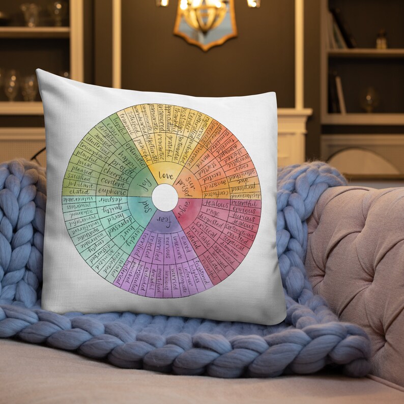 Feelings Wheel Premium Pillow Social Worker Gift Counselor Office Decor Mental Health Art Therapy Office Decor Emotions Wheel Feelings Chart 22×22