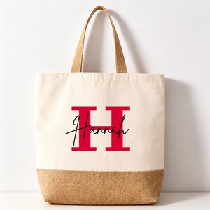 Personalisierte Tragetasche mit Initialen und Namen, Tragetasche aus Canvas mit Monogramm, Shopper aus Juteboden – das perfekte Geschenk für Frauen, Brautjungfern und Mütter.