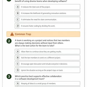 May include: A study guide page from "AP CSP Unlocked" with multiple-choice questions on software development collaboration. Questions are numbered, with options A-D. The text includes "Common Trap". The page is predominantly white with green and orange accents.