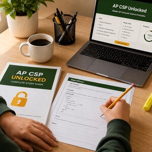 May include: A laptop displaying "AP CSP Unlocked" and a study guide with the same title sit on a wooden desk. A person is writing on a worksheet with a pencil. A cup of coffee, a pen holder, and a highlighter are also on the desk.