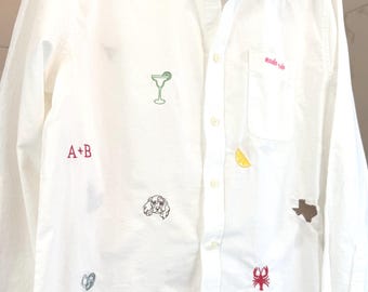 Camicia Oxford con bottoni e ricamo personalizzato / Icone, simboli, fiori, cibo, bevande personalizzati