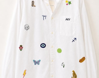 Op maat geborduurd Oxford overhemd met knopen | Gepersonaliseerde pictogrammen, symbolen, bloemen, eten en drinken