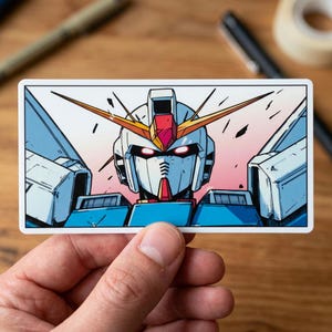 May include: A sticker featuring a detailed illustration of a robot's head, with a white face, blue accents, and red highlights. The robot has a distinctive design with sharp angles and a determined expression, perfect for fans of anime and mecha.