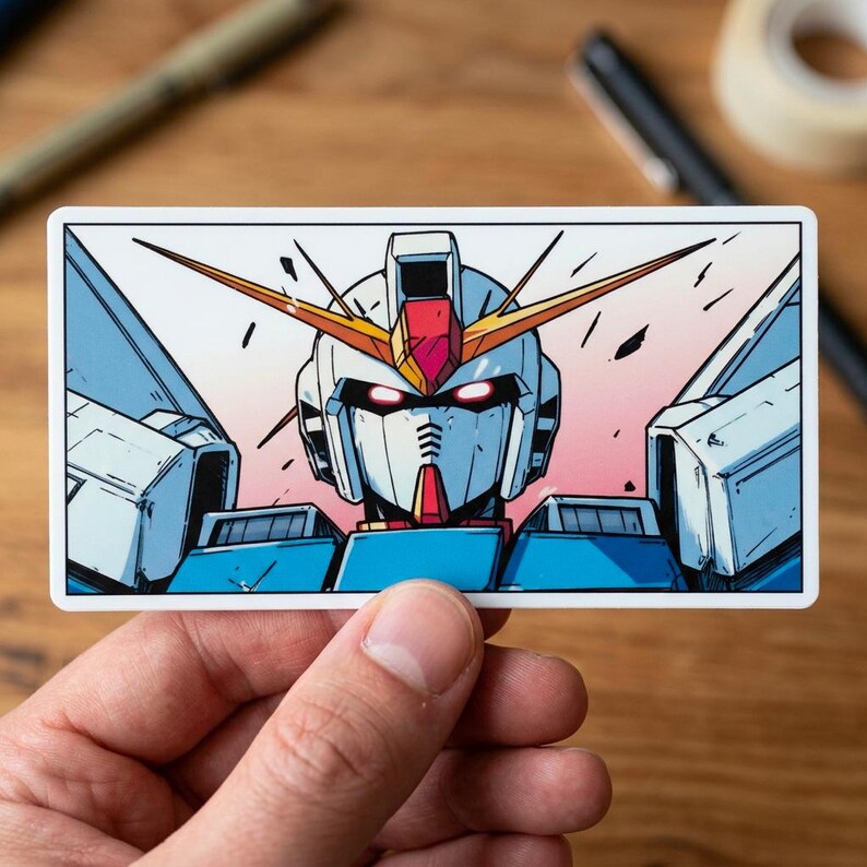 May include: A sticker featuring a detailed illustration of a robot's head, with a white face, blue accents, and red highlights. The robot has a distinctive design with sharp angles and a determined expression, perfect for fans of anime and mecha.
