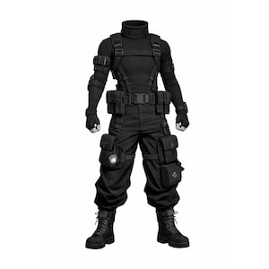 Peut inclure: Une tenue tactique noire, comprenant un col roulé, un pantalon cargo et des bottes de combat. La tenue comprend plusieurs poches, une ceinture et des sangles. Les gants et les protège-bras complètent le look tactique. La tenue est conçue pour la fonctionnalité et une esthétique robuste.