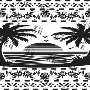 May include: Black and white beach-themed design featuring two palm trees, a sunset, and birds. The design is framed by a floral and geometric border, creating a tropical aesthetic.