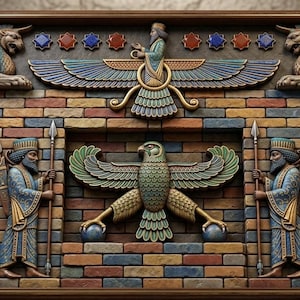 May include: A rectangular wall relief featuring ancient Persian motifs, including two winged bulls atop columns, a central Faravahar symbol, and a central eagle with spread wings. Two figures with spears stand on a brick-textured background with floral accents.