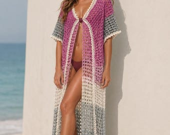 Lange, handgehaakte strandjurk, lichtgewicht damesstrandvest, uniek zomeritem, elegante handgemaakte strandkleding