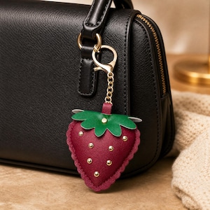 Leather Strawberry Bag Charm,Ruby Red Strawberry Handbag Keychain,Cute Purse Accessory,Funny Backpack Decor,Gift For Her,Bridesmaid Gifts