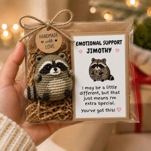 May include: A small, round, crocheted raccoon toy with a striped tail, packaged in a clear bag with brown paper filler. A circular tag reads "HANDMADE with LOVE". A card features a raccoon illustration and the text "EMOTIONAL SUPPORT JIMOTHY".