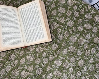 Indischer Hand Block Print Kantha Quilt | Olivgrün Floral Baumwolle Tagesdecke