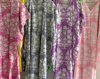 Baumwollblumen Handblockdruck-Kaftan-Kleid, Sommer-Resort-Abnutzungs-lange Maxi, bequeme Nachtwäsche