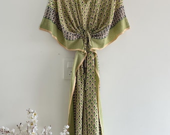 Sage Grünes Hand-Block Print Baumwolle Kaftan Kleid Mit Kordelzug vorne Taille Krawatte