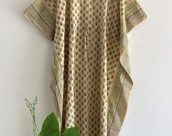 Hand Block Print Baumwolle Kaftan - Floral Boho Maxi Kleid - Lange Sommer Loungewear