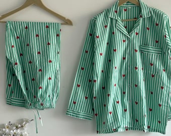 Cotton Hand Block Printed Pajama Set, Green Stripe Heart Nightwear