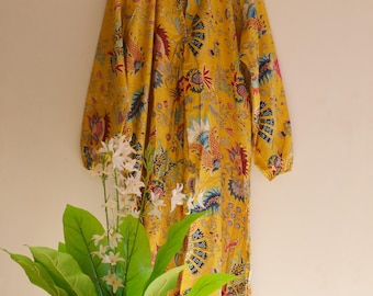 Gelbes Maxikleid aus Baumwolle mit Handblockdruck | Boho Floral Daywear Kleid