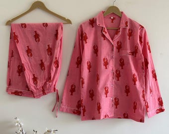 Hand Block Printed Cotton Pajama Set | Pink Lobster Nightwear Loungewear