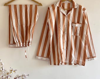 Striped Block Print Cotton Pyjamas Set Long Sleeves Shirt Summer Comforter Pj Set