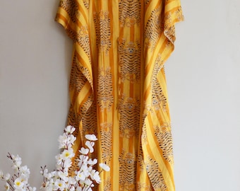 Gelber Tiger Print Baumwolle Kaftan Maxi Kleid, Boho Beach Resort Wear
