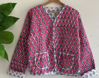 Handgemachte Floral Baumwolle Steppjacke, Indische Block Print Wendejacke, Boho Stil Wintermantel