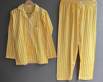Women's Yellow and White Striped Cotton Pajama Set | Breathable Loungewear Sleepwear