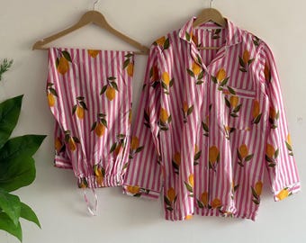 Lemon Print Cotton PJ Set for Women | Pink Striped Pajama Set