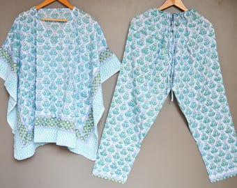 Hand-Block Print Kaftan Pajama Set, Floral Cotton Loungewear, Summer Co-ord