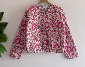 Handgemachte Baumwolle Gesteppte Jacke, Floral Hand Block Print Wendemantel