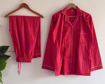 Pink Striped Cotton PJ Set, Hand Block Print Nightwear for Women