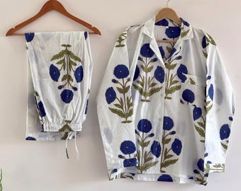 Hand-Block Print Cotton Pajama Set - Blue Floral Pyjamas Sets