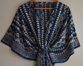 Indigo Handblock Baumwolle Kaftan, Dabu Print Langes Kaftan Kleid, Jaipuri Loungewear für Frauen