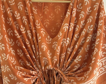Rost Orange Floral Hand-Block-Print Baumwolle Kaftan, Lange Boho Maxi Kleid Loungewear