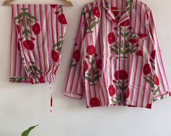Hand-Block Printed Cotton Pajama Set | Floral With Pink Striped Floral Nightwear Pjs