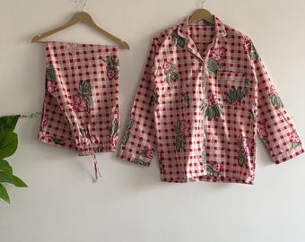 Hand Block Print Cotton PJ Set – Floral Checkered Pajamas for Women