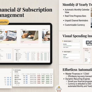 Könnte beinhalten: Ein Tablet-Bildschirm mit einer Finanzverwaltungsanwendung. Die Oberfläche zeigt Einnahmen, Abonnement-Tracking und Ausgabenübersichten. Der Text enthält "Financial & Subscription Management" und "Bestseller". Die Anwendung bietet monatliche und jährliche Verfolgung.