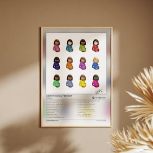 May include: A framed poster featuring the Certified Lover Boy album cover by Drake. The design displays twelve pregnant woman emojis in various colors, the album title, tracklist, release date of 3 September 2021, and a Spotify code.