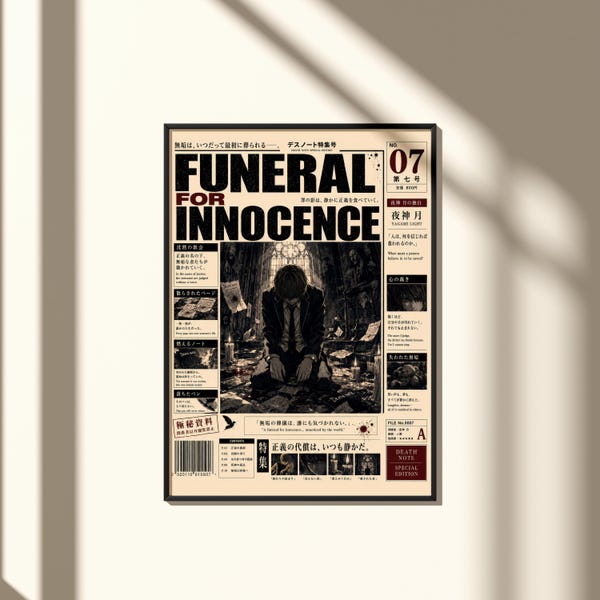 Death Note Light Yagami Funeral Poster, Manga Art Print, Japanese Decor Artwork, Psychological Thriller Wall Art, Gift for Anime Lover