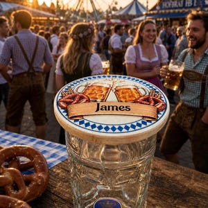 Könnte beinhalten: Ein klarer Bierkrug aus Glas mit einem runden Holzdeckel, der mit zwei anstoßenden Bierkrügen, zwei Brezeln und einem Banner mit dem Namen James bedruckt ist. Der Glasboden zeigt ein blau-weißes kreisförmiges Logo mit dem Text HB MUNCHEN.