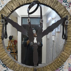 Peut inclure: Un poitrail de cheval en cuir marron avec boucles et sangles argentées. Le poitrail est conçu avec une sangle centrale et deux extensions en forme d'ailes. L'image est reflétée dans un miroir rond avec un cadre texturé doré.